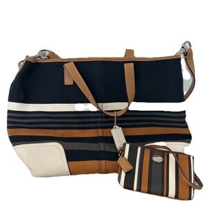 Coach Hadley Multi Stripe Canvas Leather Tote with Matching Pouch Black Brown